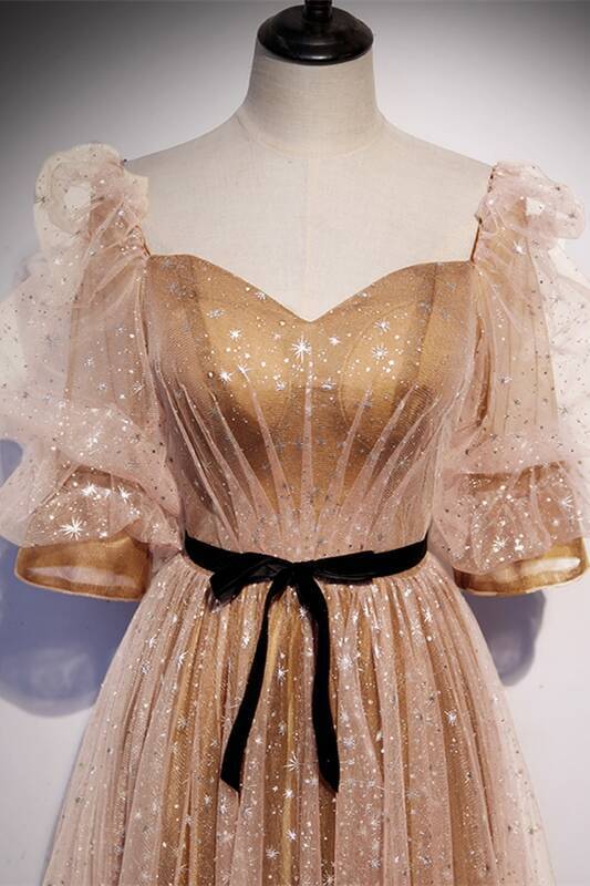 Short Sleeves Champagne A-line Long Prom Dress