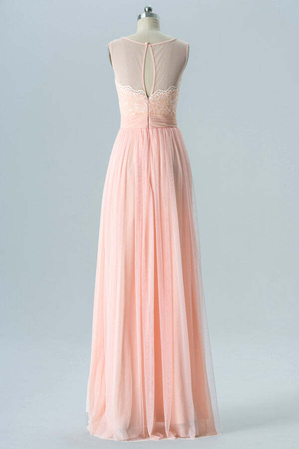 See Through Scoop Pink A-line Long Bridesmaid Dress