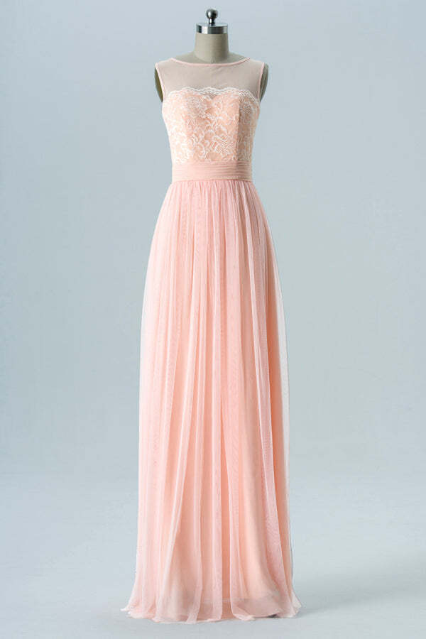 See Through Scoop Pink A-line Long Bridesmaid Dress
