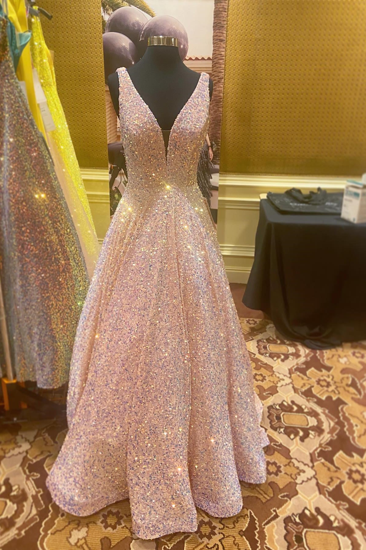 V Neck Pink Sequin A-line Long Prom Dress