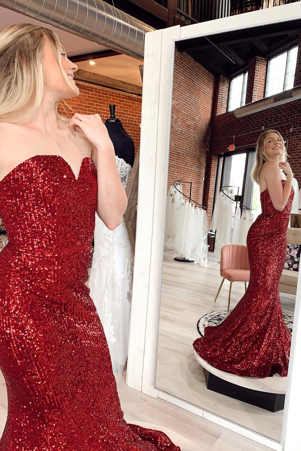 Red Sequin Strapless Mermaid Long Prom Dress 