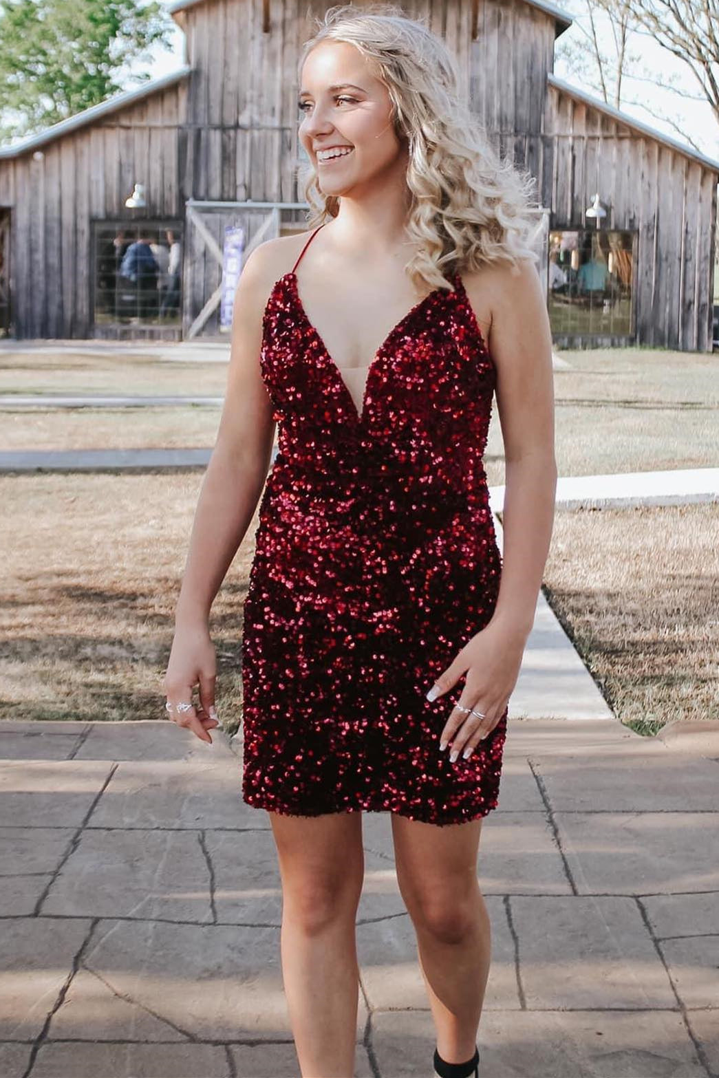 Burgundy Sequin Glitters Bodycon Mini Party Dress