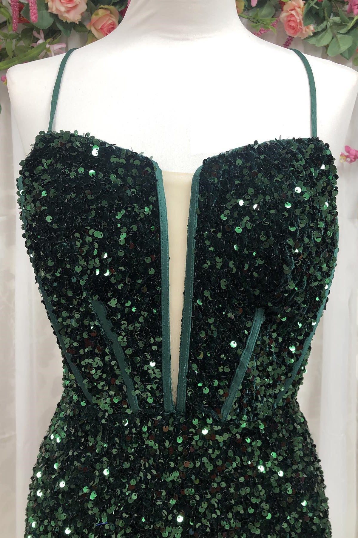 Dark Green Sequin Straps Mermaid Long Prom Dress