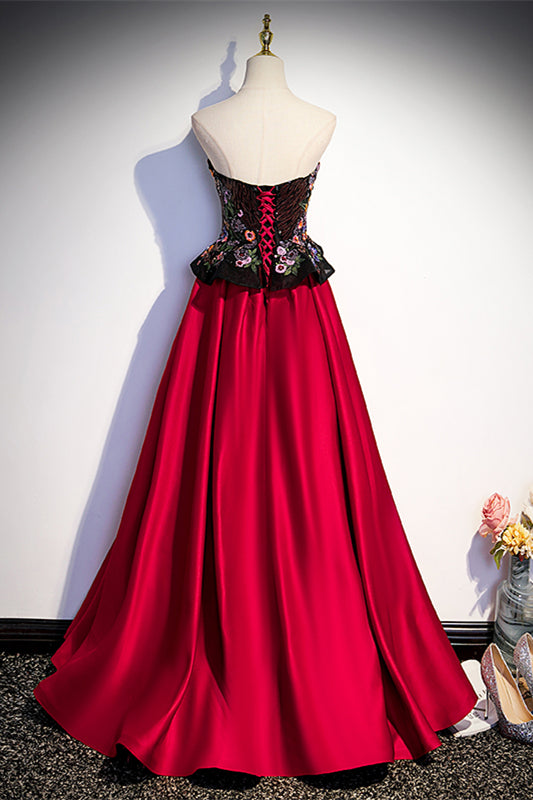Floral Embroidered A-line Black and Red Sweetheart Formal Gown