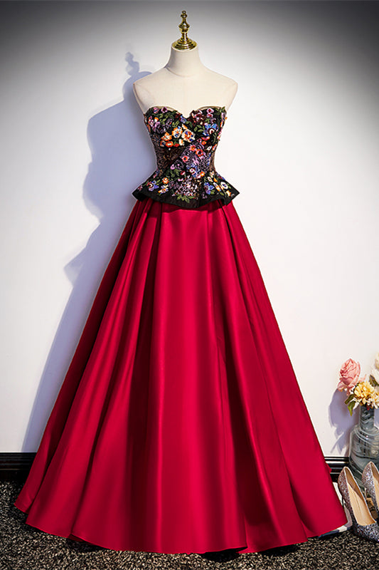 Floral Embroidered A-line Black and Red Sweetheart Formal Gown