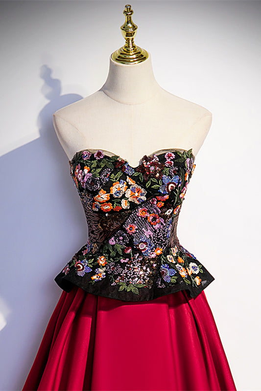 Floral Embroidered A-line Black and Red Sweetheart Formal Gown