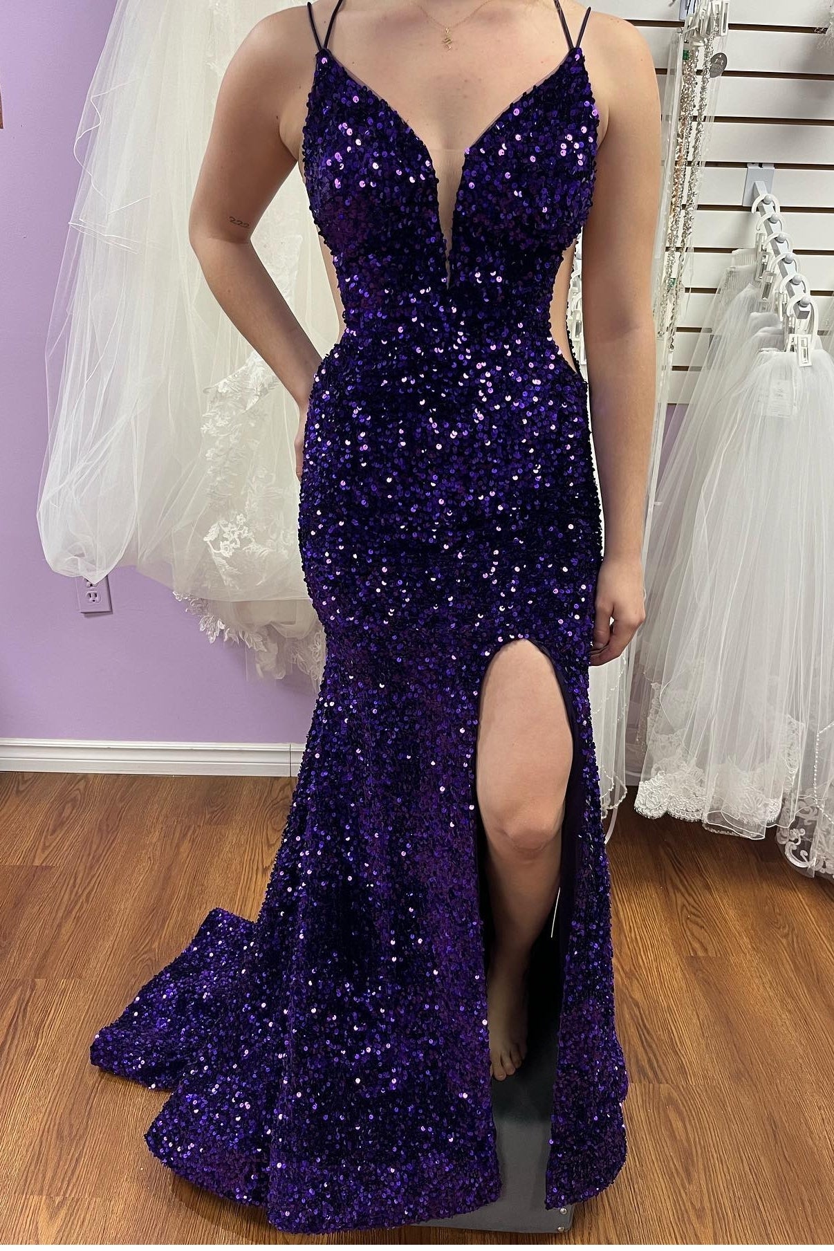 Purple Sequin Straps Mermaid Long Formal Dress