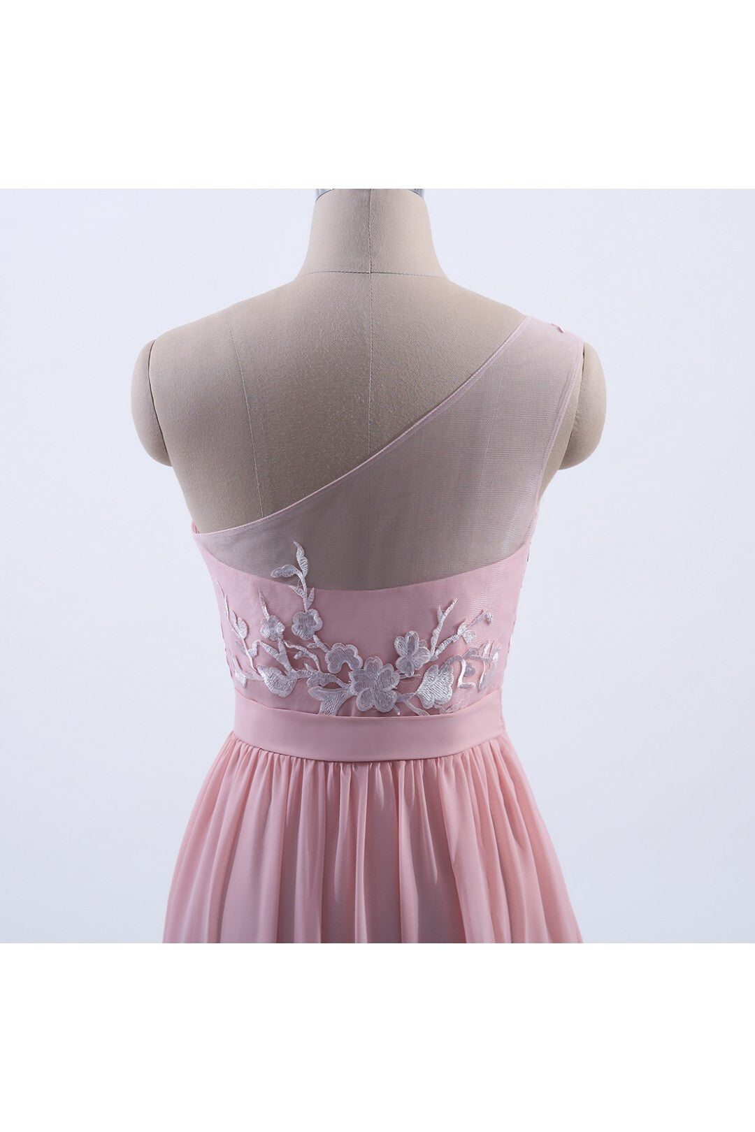 Pink One Shoulder Chiffon A-line Appliques Long Bridesmaid Dress
